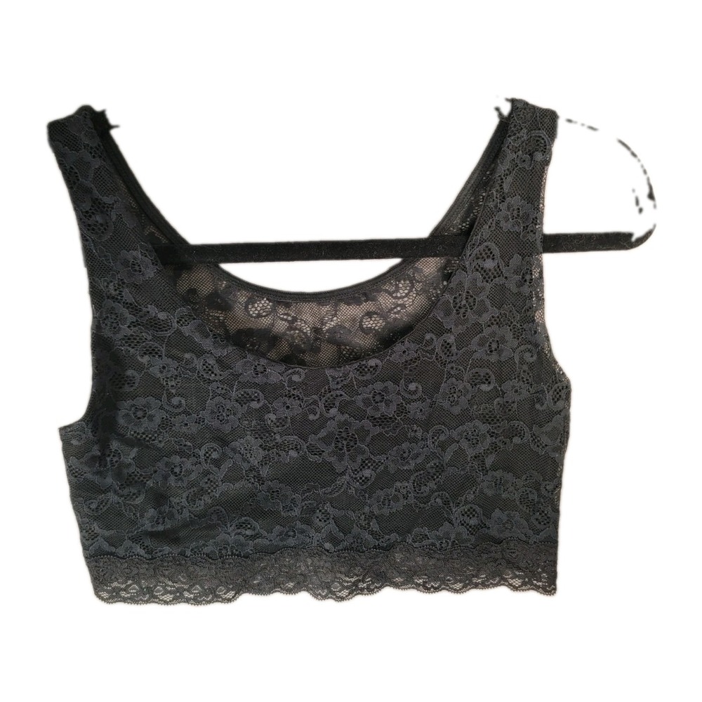 Victorias Secret PINK Lace Crop Bralette M Medium Black Floral Scoop Bra Tank